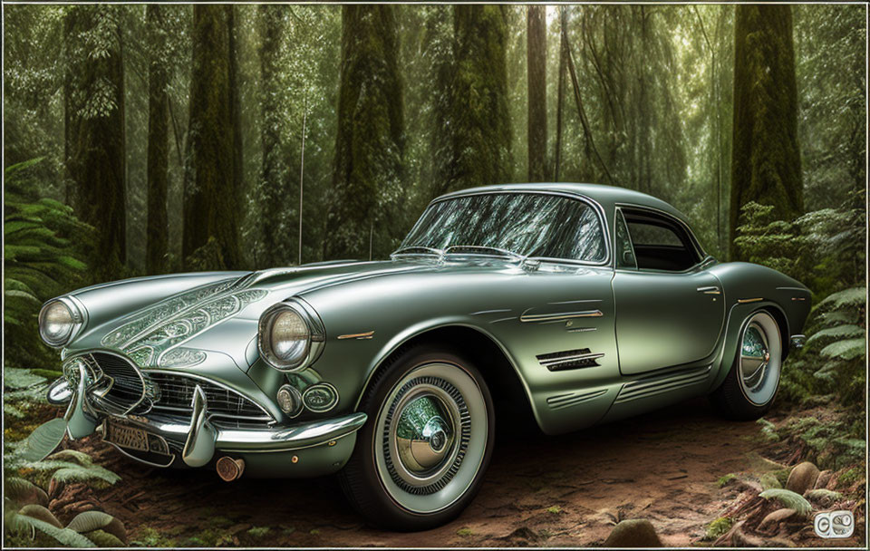 Classic Green Sports Car in Sunlit Forest