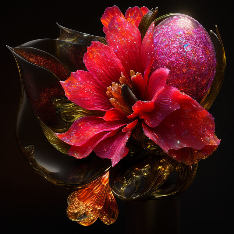 Colorful digital artwork: Red flower, abstract black and gold shapes, glowing orb