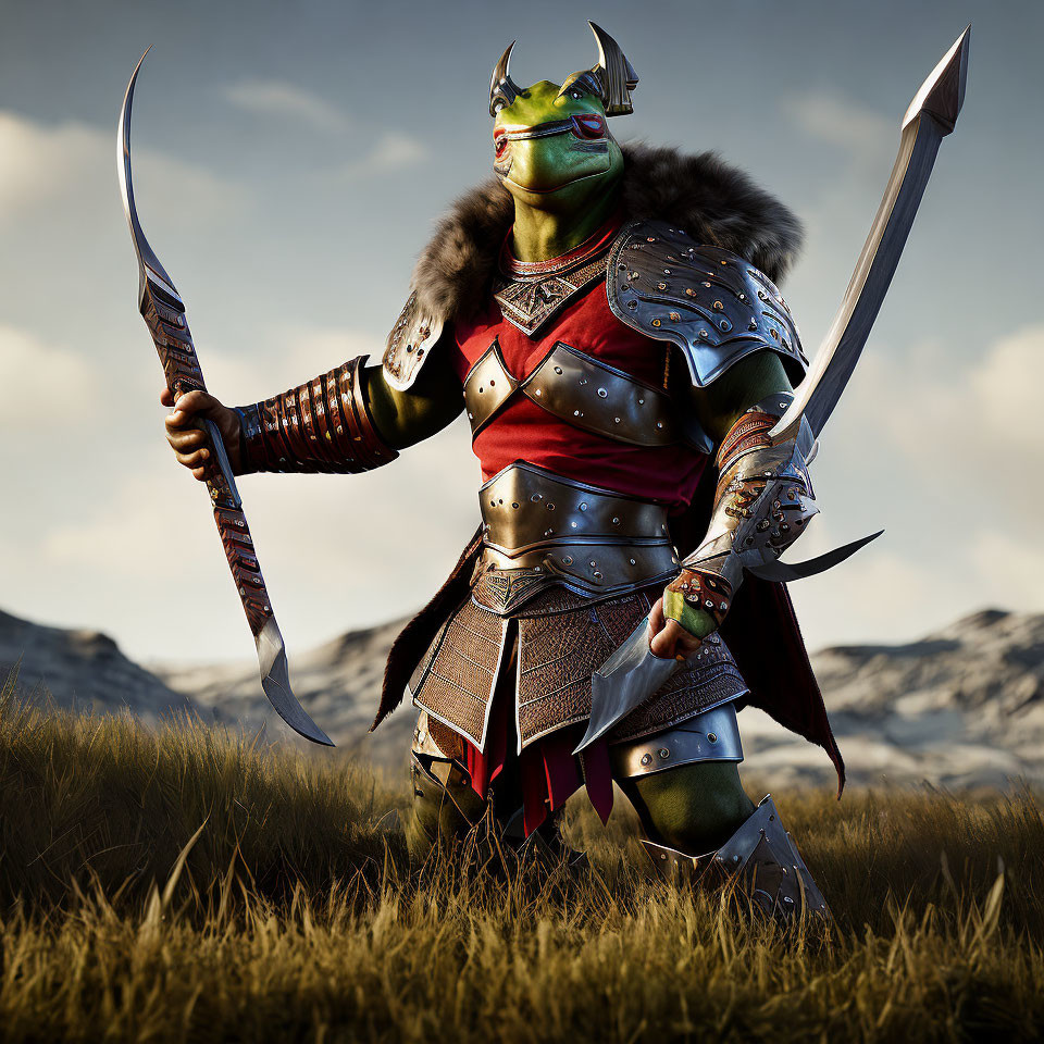 Armored orc warrior with curved swords in grassy field and cloudy sky