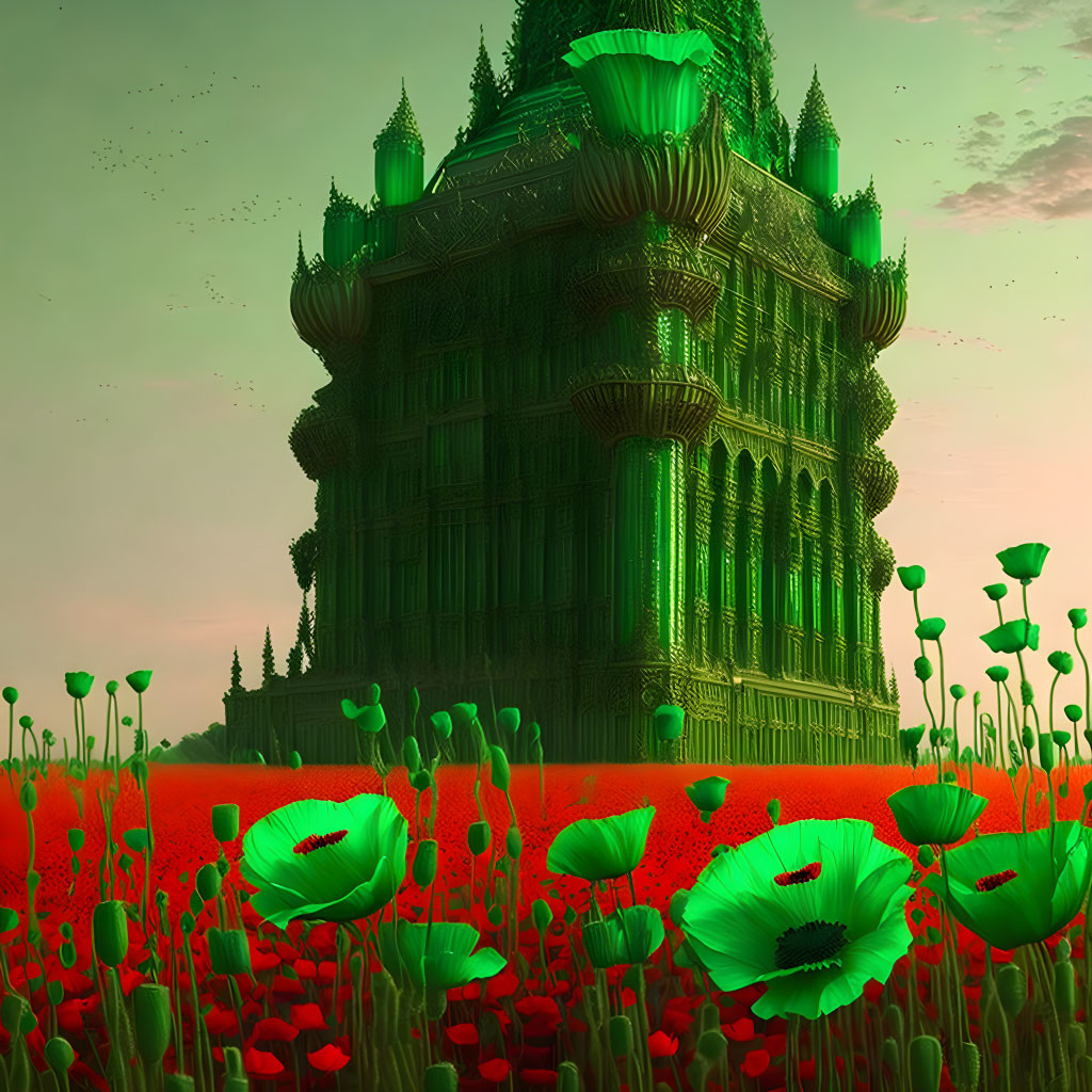 Majestic green castle in vibrant poppy field under green sky