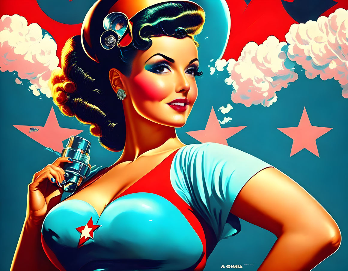 Colorful retro-futuristic pin-up woman with star outfit and ray gun