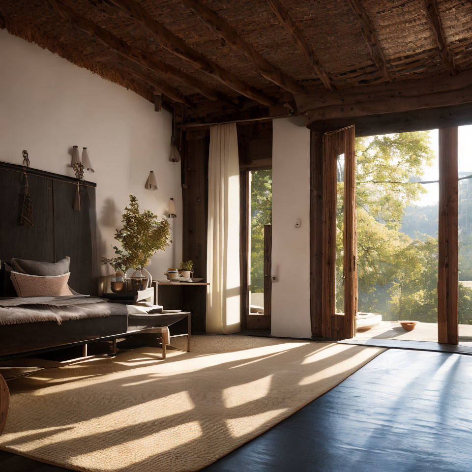 Sunlit bedroom with wooden beams, large window, stylish bed, and minimalistic decor.