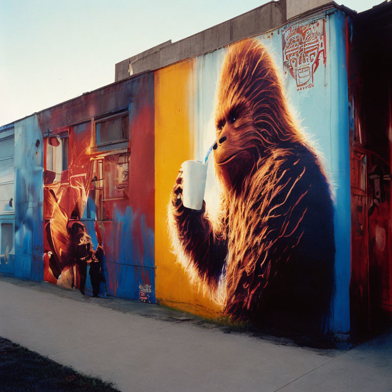 Colorful mural: Giant furry creature with a drink, small figure, clear dusk sky