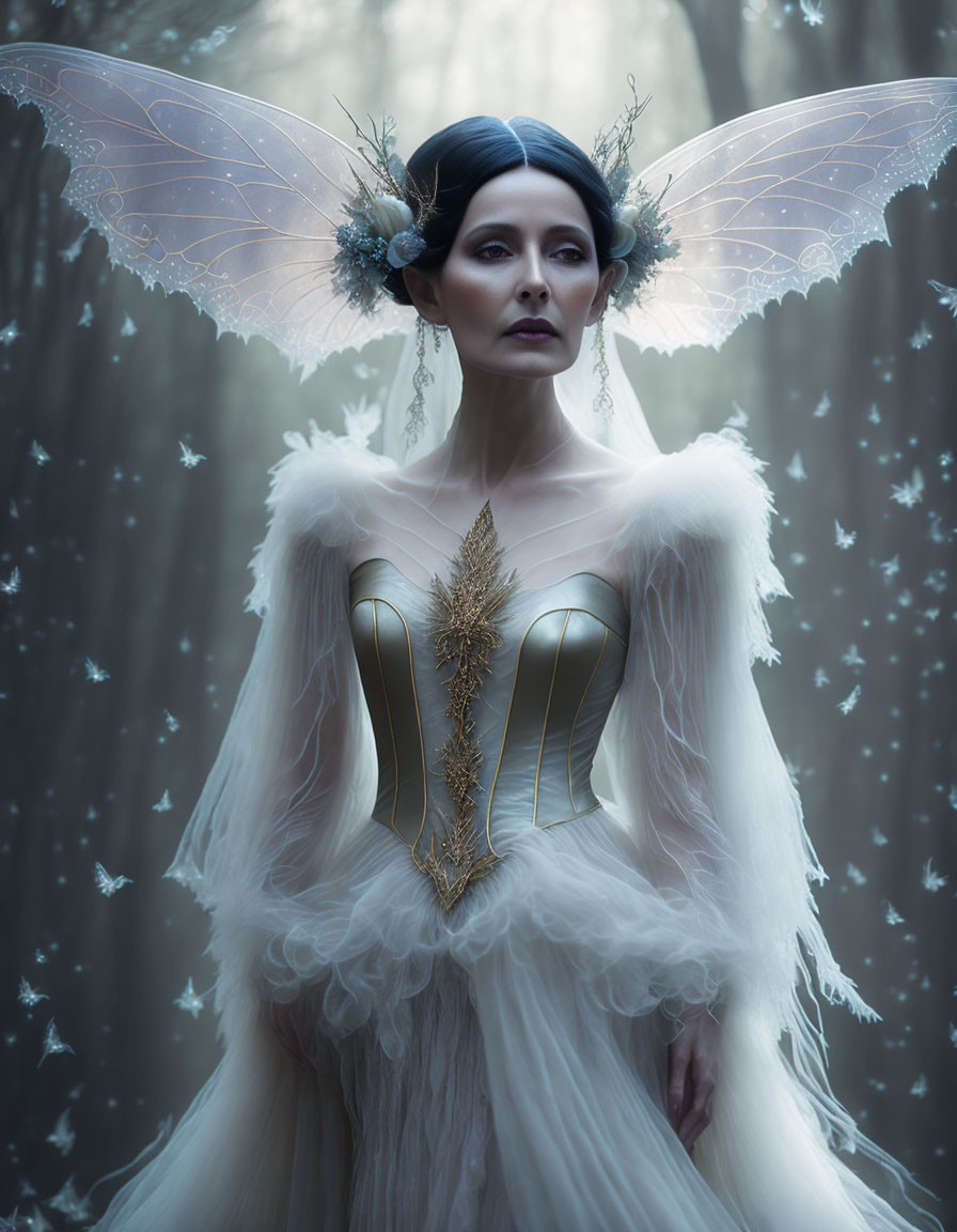 Mystical figure with wings in ethereal forest scene