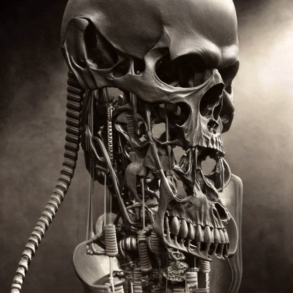 Mechanical skeleton with skull, vertebrae, and cables on dark backdrop