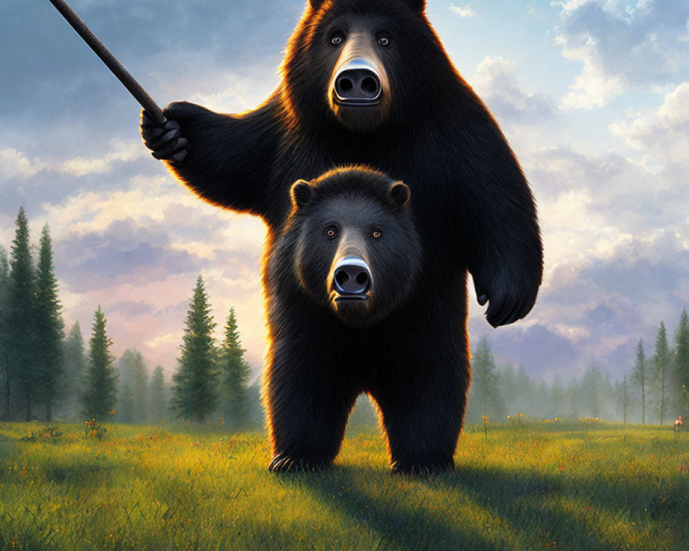 Illustration of two bears in forest clearing with staff, warm light.