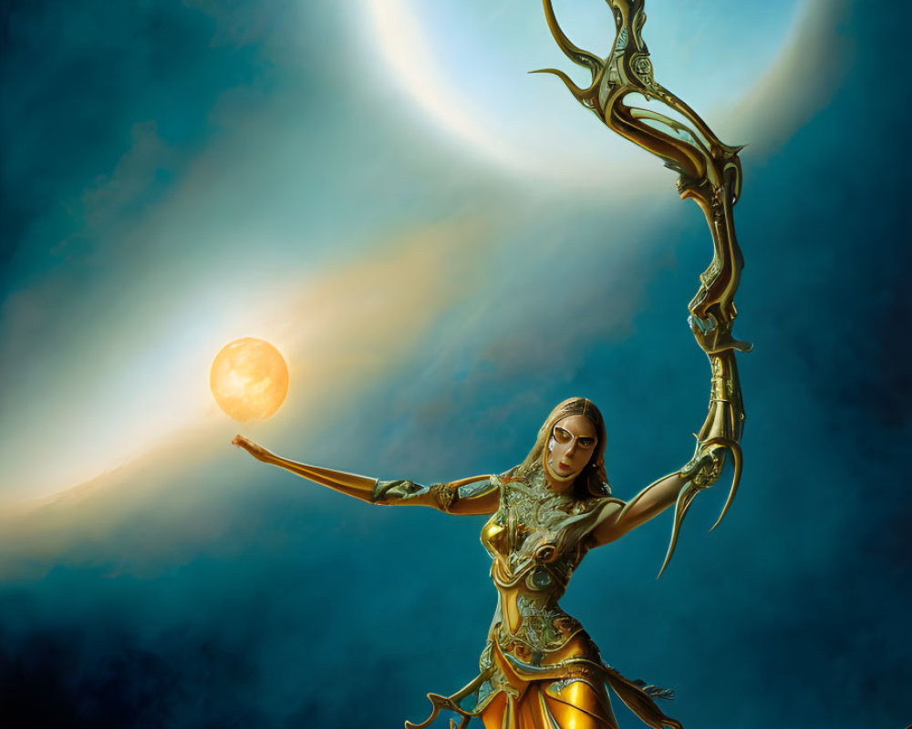 Female warrior in golden armor with staff and glowing orb under celestial sky