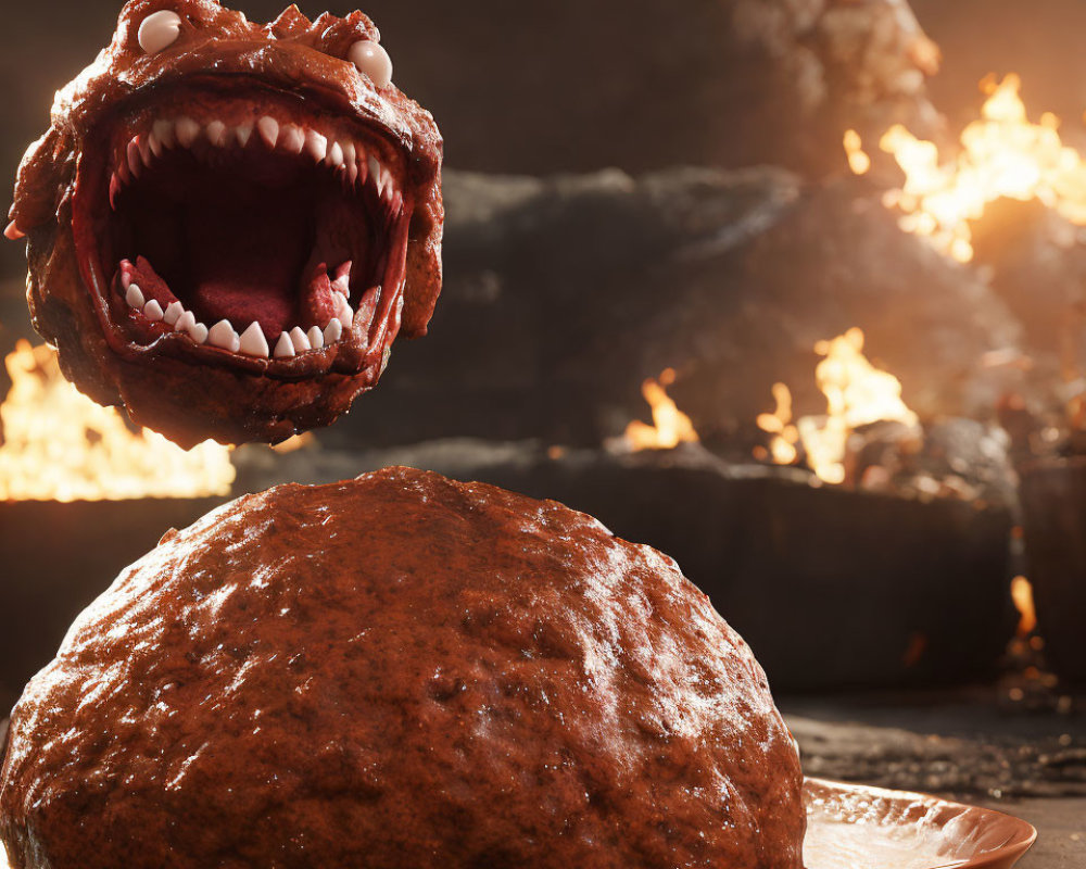 Monstrous creature behind large meatball with flames background