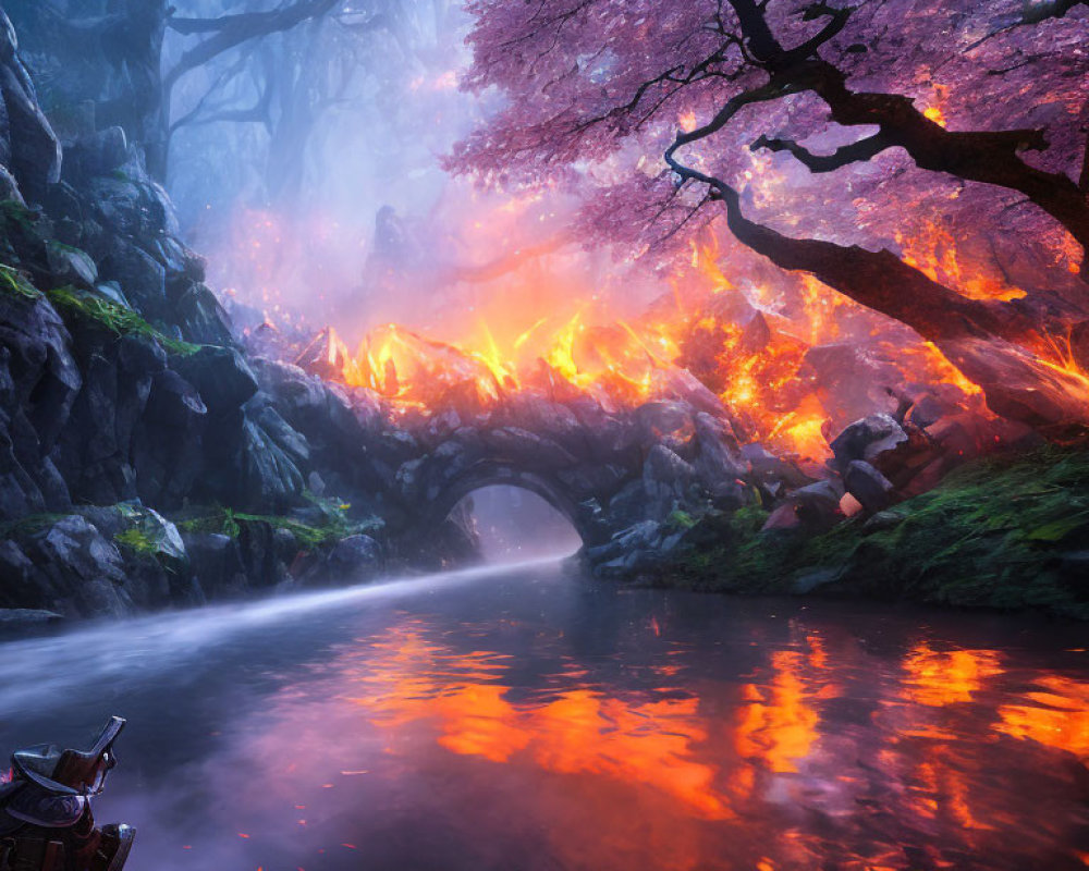 Tranquil river under old stone bridge with pink blossoming tree and mystical forest backdrop