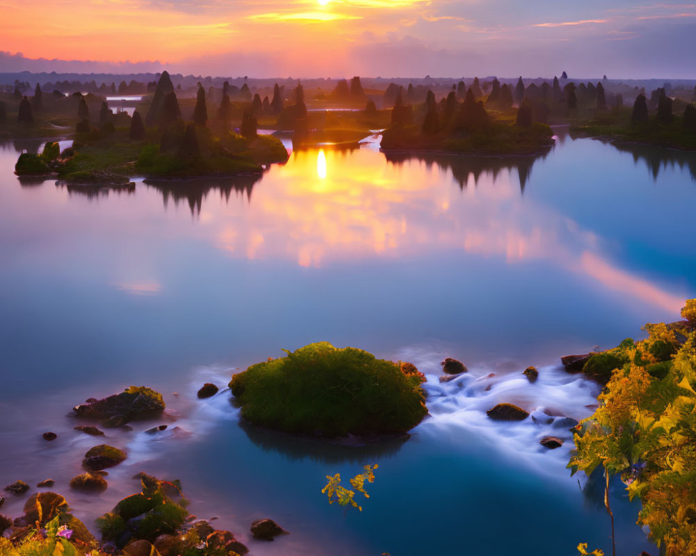 Tranquil sunset scene with river, rocks, and vibrant flora