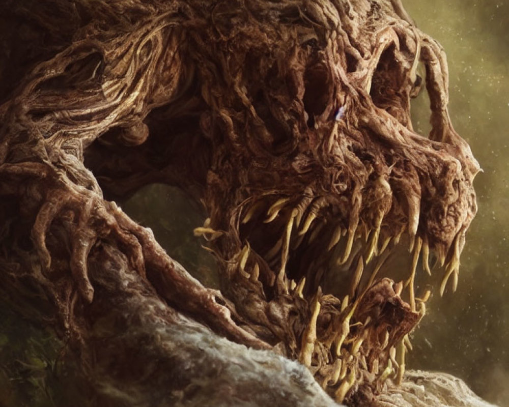 Fantastical tree creature with menacing face and sharp teeth in misty golden background