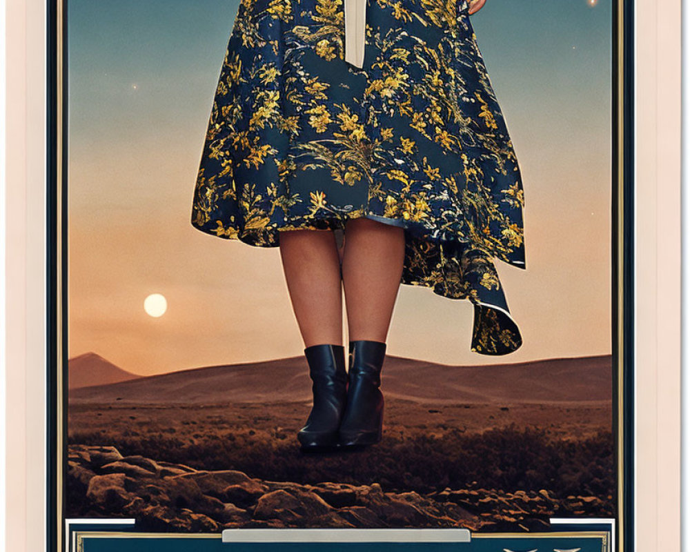 Vintage floral dress and boots against starry sky and landscape - "MOONN" film poster.