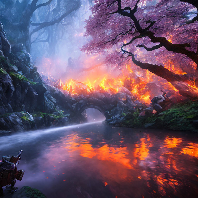 Tranquil river under old stone bridge with pink blossoming tree and mystical forest backdrop