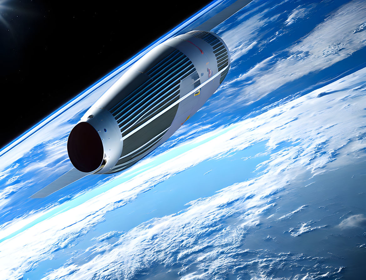 Futuristic spacecraft orbits Earth with blue oceans and clouds.