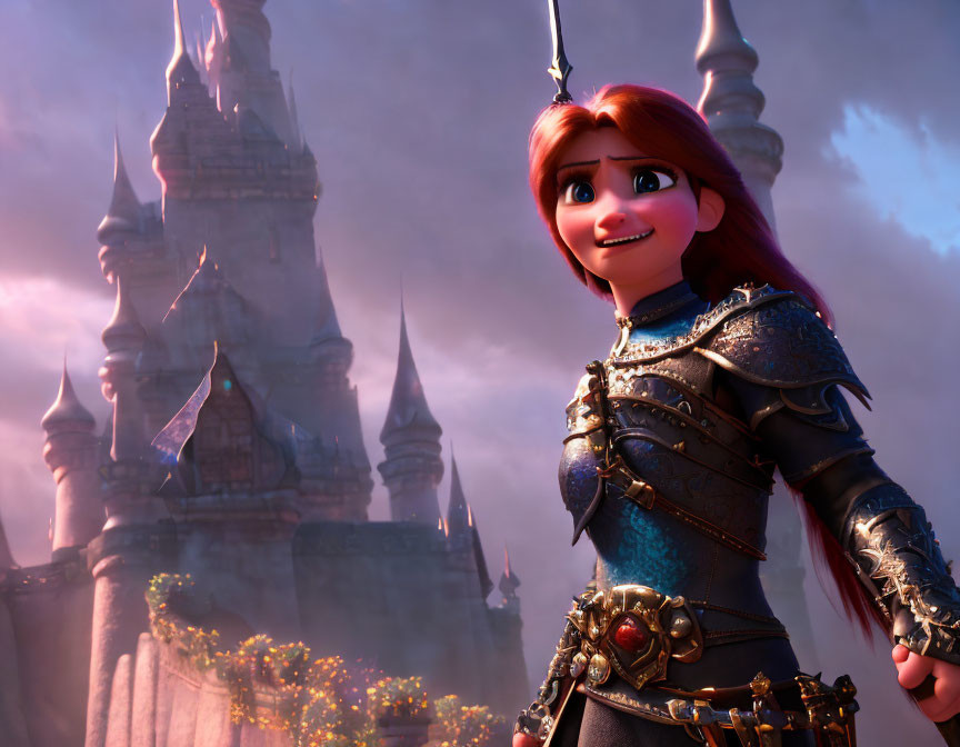 Red-Haired Female Character in Blue Armor with Castle Background