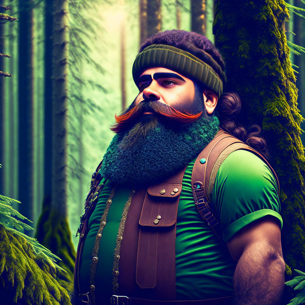 Man with Green Beard in Forest Setting with Beanie and Suspenders