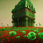 Majestic green castle in vibrant poppy field under green sky