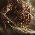 Fantastical tree creature with menacing face and sharp teeth in misty golden background