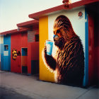 Colorful mural: Giant furry creature with a drink, small figure, clear dusk sky