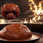 Monstrous creature behind large meatball with flames background