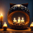 Cat-Shaped Candle Holder with Skull Motifs and Lit Candles in Mystical Setting