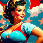 Colorful retro-futuristic pin-up woman with star outfit and ray gun