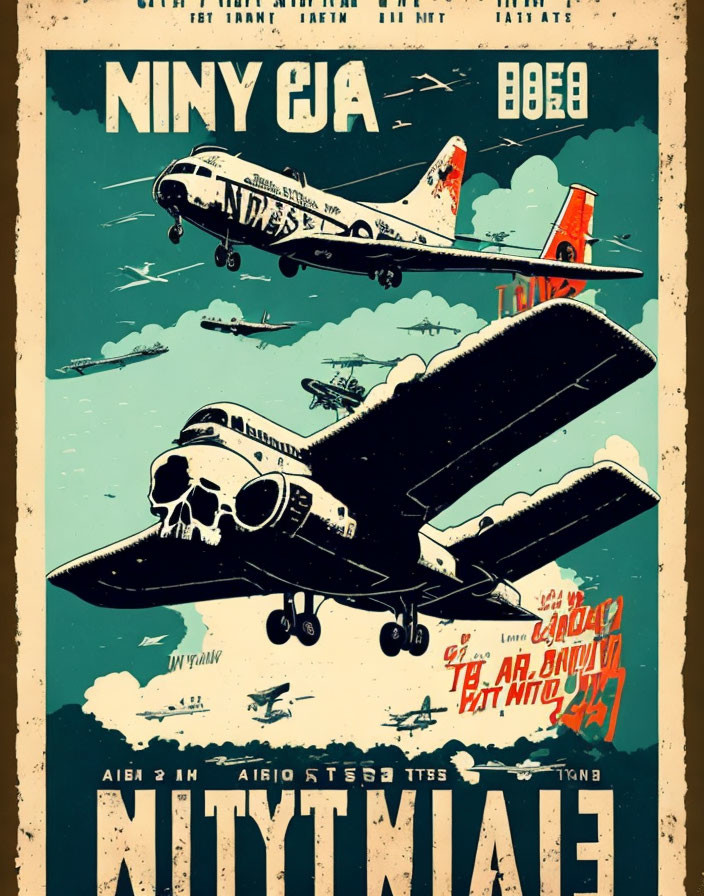 Vintage-style airplane poster with bold typography, retro colors, skull imagery, and distressed texture