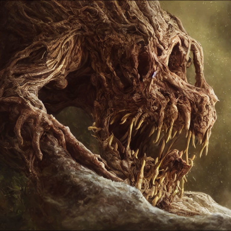 Fantastical tree creature with menacing face and sharp teeth in misty golden background