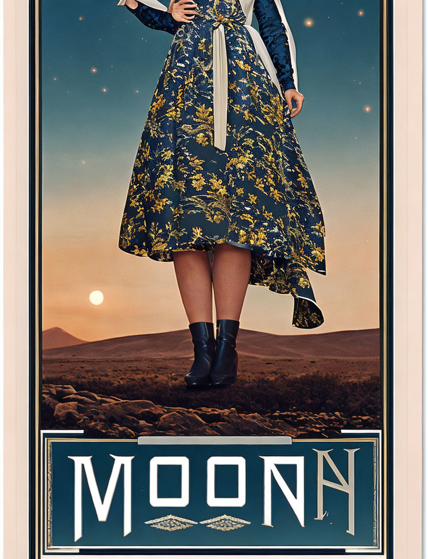 Vintage floral dress and boots against starry sky and landscape - "MOONN" film poster.