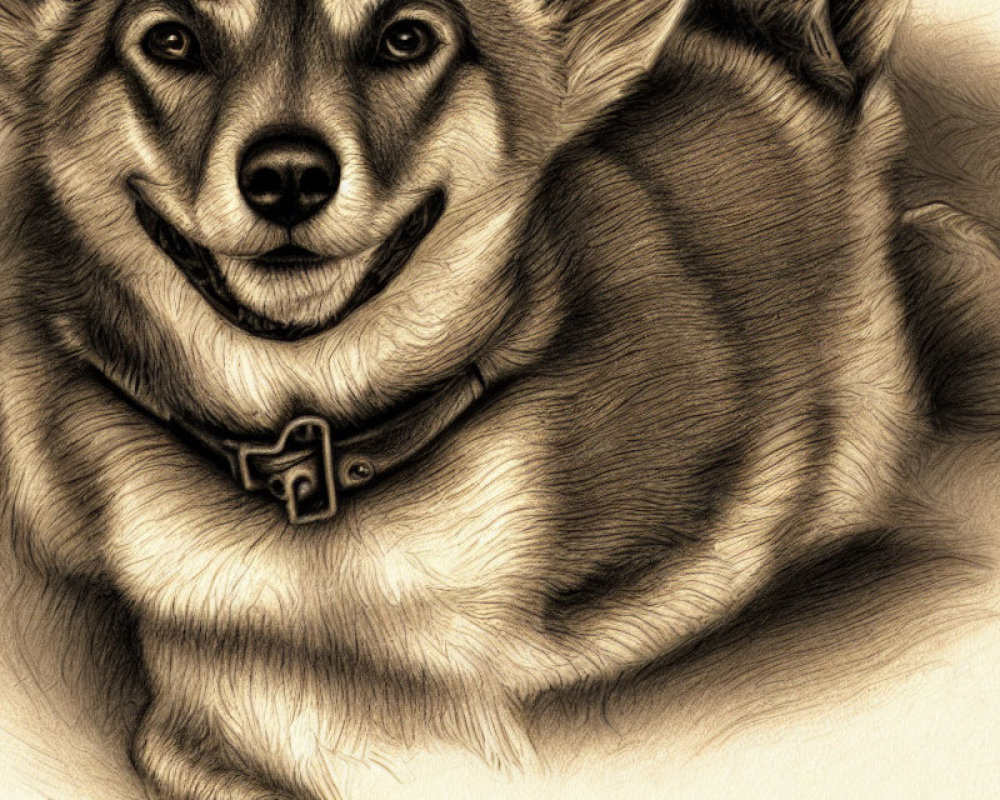 Detailed sepia sketch of a smiling Corgi dog with fluffy fur and collar