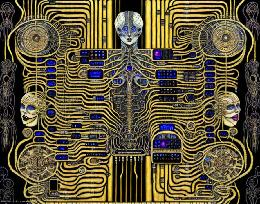 Futuristic digital artwork: humanoid figure, ornate patterns, gold and blue masked faces