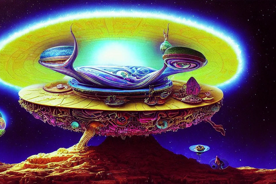 Colorful fantasy landscape with alien flying saucer structure and cosmic backdrop