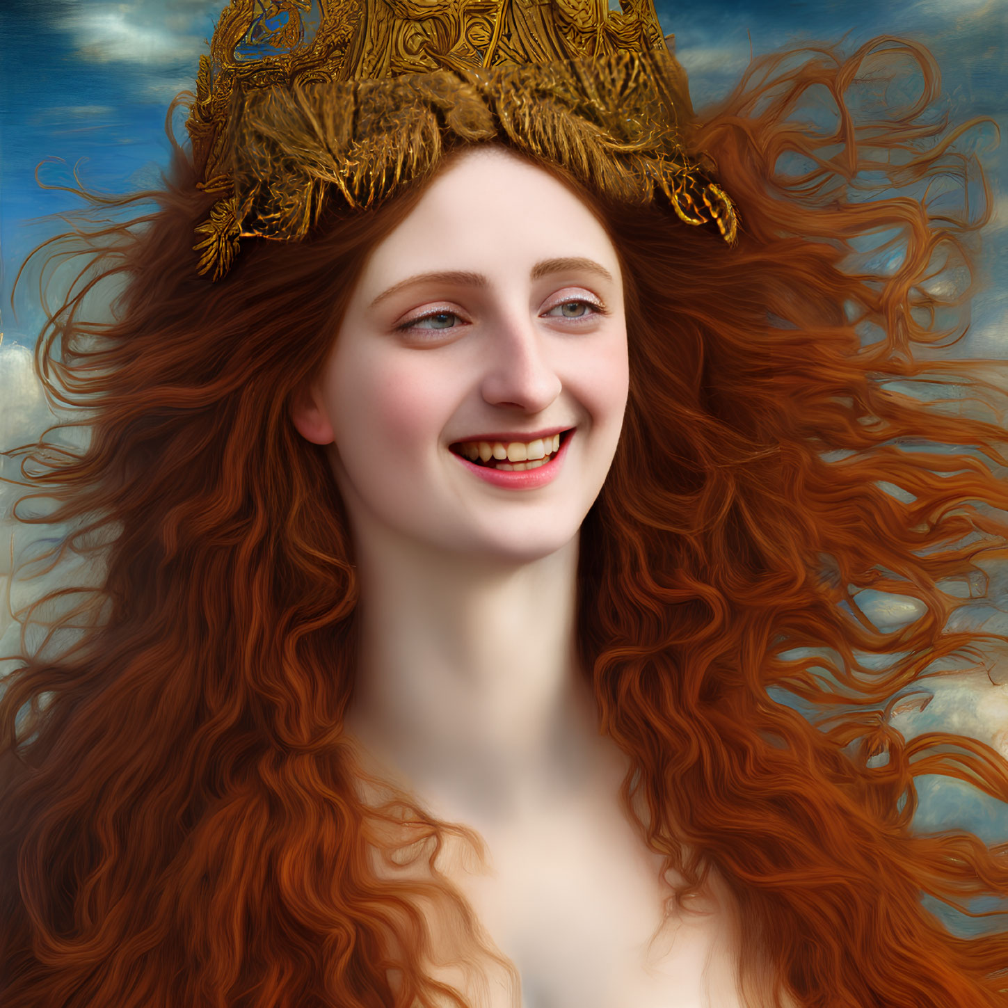 Smiling woman with red hair and golden crown against blue sky