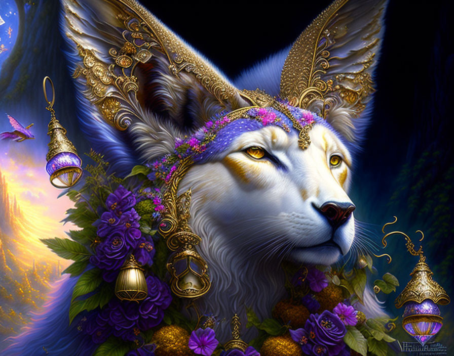 Majestic winged wolf adorned with jewelry among flowers and lanterns