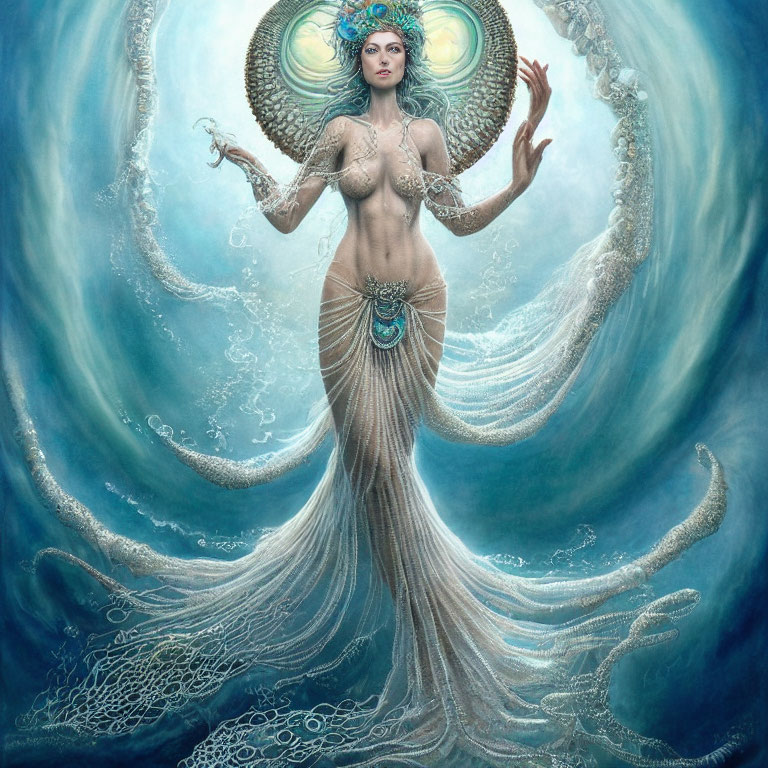 Mystical mermaid with flowing tail in oceanic setting