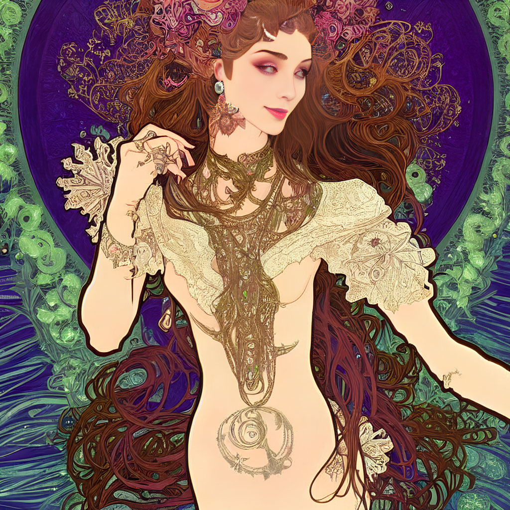 Art Nouveau Style Woman Illustration with Intricate Hair and Jewelry