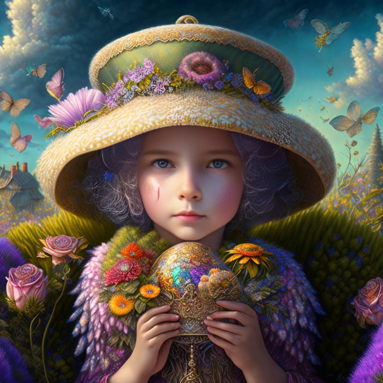 Child in floral hat with egg, surrounded by flowers