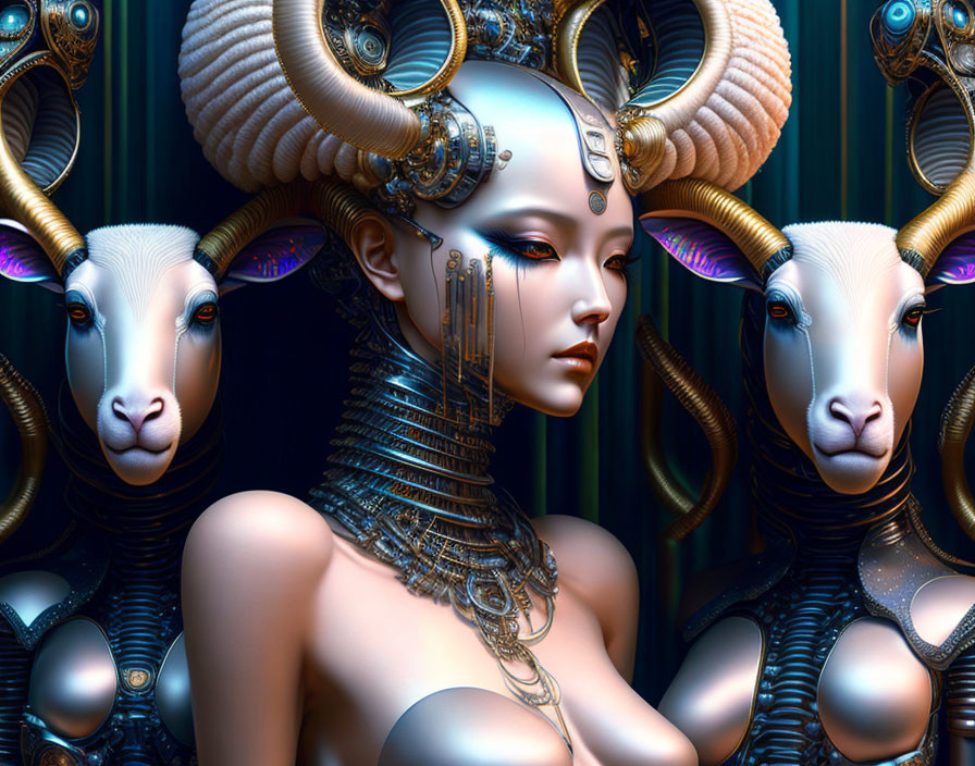 Fantasy image of woman with horned headdress and sheep in futuristic setting.