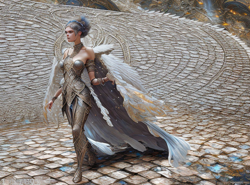 Fantasy digital artwork of female character with majestic wings and intricate armor