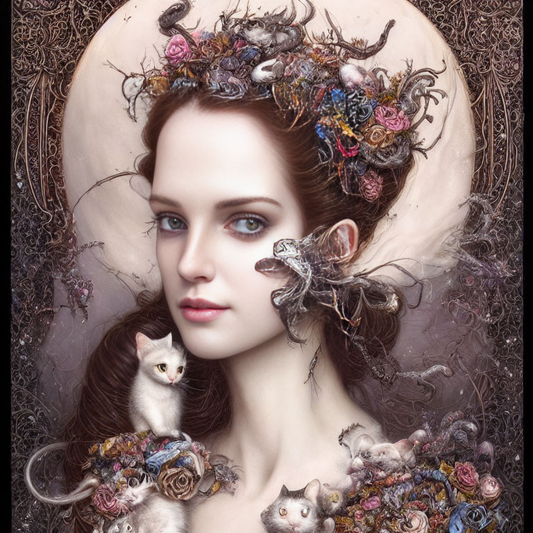 Surreal portrait of woman with flora, fauna, birds, mice, and kittens