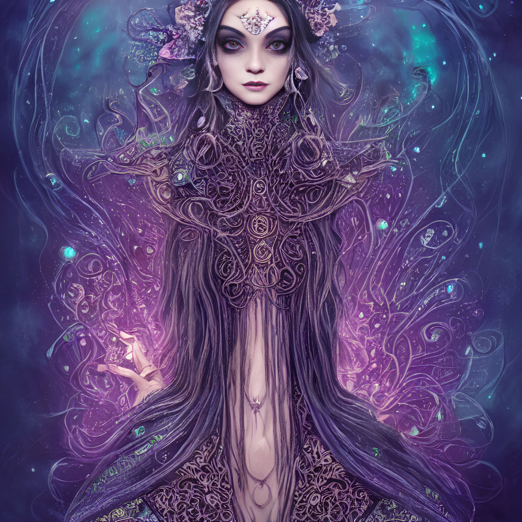 Ethereal female figure in ornate attire against cosmic backdrop