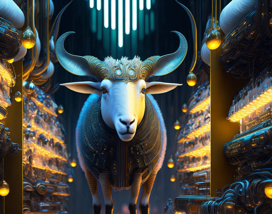 Digital artwork: Majestic ram with golden horns in futuristic library backdrop