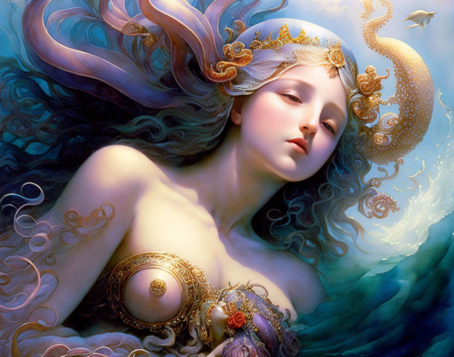 Ethereal mermaid with golden crown in fantasy underwater scene