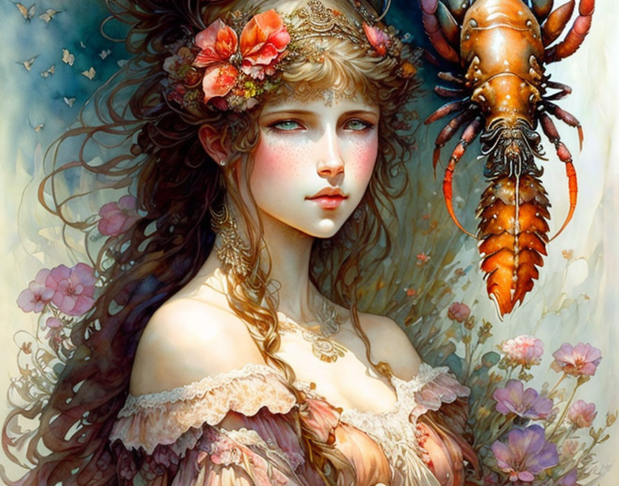 Fantasy illustration of woman with flower crown and lobster on head in floral setting