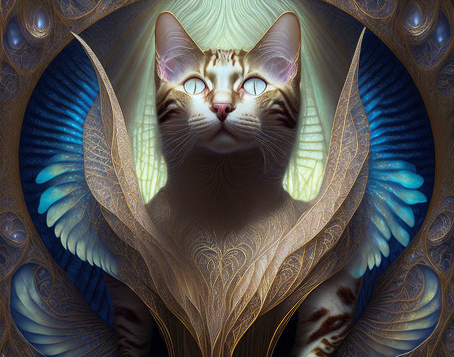 Majestic cat with wing-like patterns and glowing eyes in ornate setting