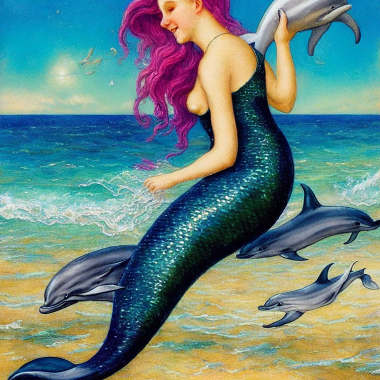 Mermaid with Pink Hair Surrounded by Dolphins and Seagull by the Sea