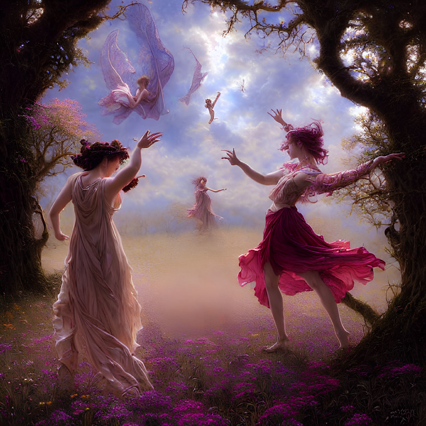 Ethereal figures dancing among blooming flowers in enchanted forest