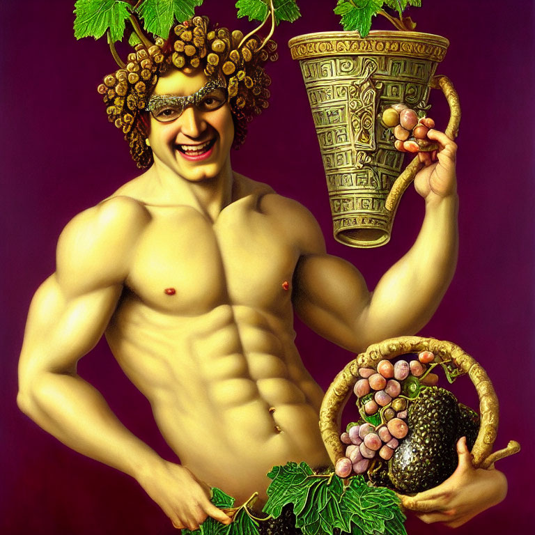 Muscular man with grapevines, golden goblet, and grapes on purple background