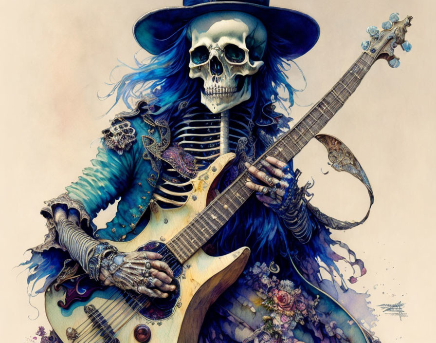 Detailed skeletal figure in blue attire playing electric guitar with intricate floral patterns.