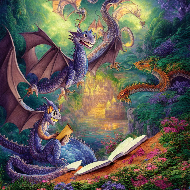 Illustration of two dragons in magical forest with castle